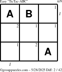 The grouppuzzles.com Easy TicTac-ABC puzzle for Wednesday May 28, 2025 with all 2 steps marked