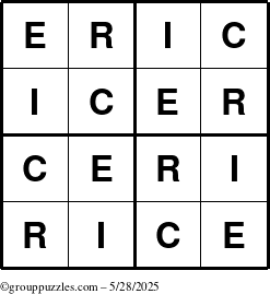 The grouppuzzles.com Answer grid for the Eric puzzle for Wednesday May 28, 2025