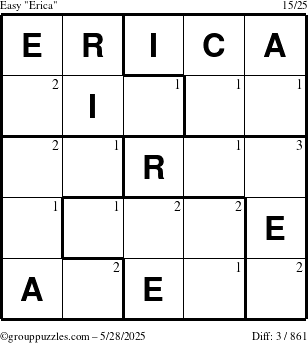 The grouppuzzles.com Easy Erica puzzle for Wednesday May 28, 2025 with the first 3 steps marked
