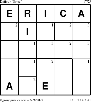 The grouppuzzles.com Difficult Erica puzzle for Wednesday May 28, 2025 with the first 3 steps marked