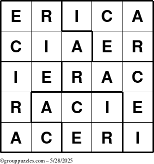 The grouppuzzles.com Answer grid for the Erica puzzle for Wednesday May 28, 2025