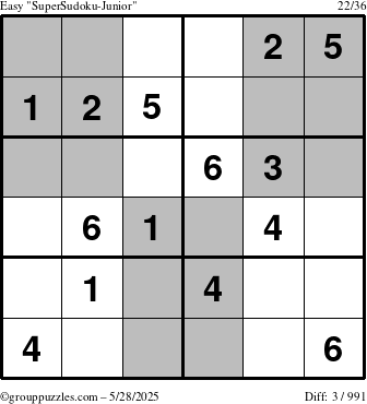 The grouppuzzles.com Easy SuperSudoku-Junior puzzle for Wednesday May 28, 2025
