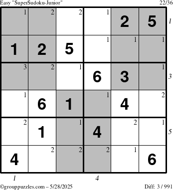 The grouppuzzles.com Easy SuperSudoku-Junior puzzle for Wednesday May 28, 2025 with all 3 steps marked