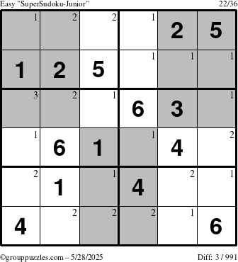 The grouppuzzles.com Easy SuperSudoku-Junior puzzle for Wednesday May 28, 2025 with the first 3 steps marked