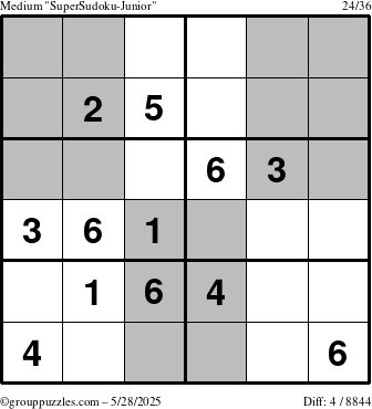 The grouppuzzles.com Medium SuperSudoku-Junior puzzle for Wednesday May 28, 2025