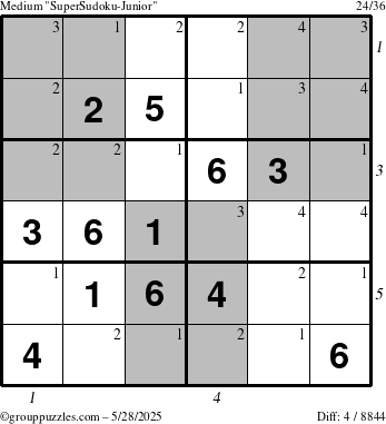 The grouppuzzles.com Medium SuperSudoku-Junior puzzle for Wednesday May 28, 2025 with all 4 steps marked
