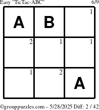 The grouppuzzles.com Easy TicTac-ABC puzzle for Wednesday May 28, 2025 with the first 2 steps marked