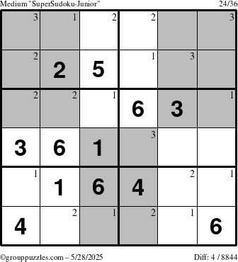 The grouppuzzles.com Medium SuperSudoku-Junior puzzle for Wednesday May 28, 2025 with the first 3 steps marked