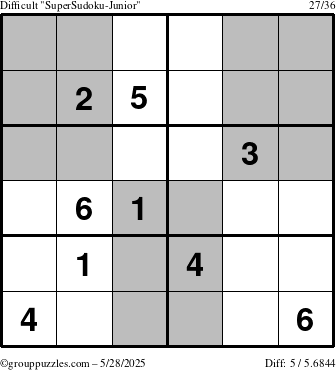 The grouppuzzles.com Difficult SuperSudoku-Junior puzzle for Wednesday May 28, 2025