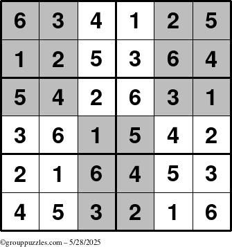 The grouppuzzles.com Answer grid for the SuperSudoku-Junior puzzle for Wednesday May 28, 2025