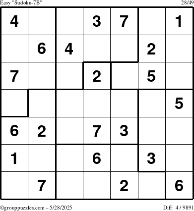 The grouppuzzles.com Easy Sudoku-7B puzzle for Wednesday May 28, 2025