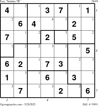 The grouppuzzles.com Easy Sudoku-7B puzzle for Wednesday May 28, 2025 with all 4 steps marked