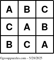 The grouppuzzles.com Answer grid for the TicTac-ABC puzzle for Wednesday May 28, 2025