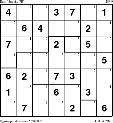 The grouppuzzles.com Easy Sudoku-7B puzzle for Wednesday May 28, 2025 with the first 3 steps marked