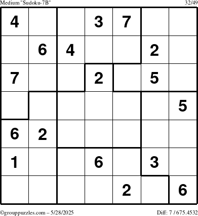 The grouppuzzles.com Medium Sudoku-7B puzzle for Wednesday May 28, 2025