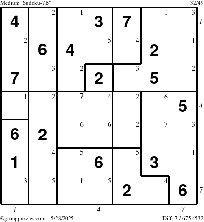 The grouppuzzles.com Medium Sudoku-7B puzzle for Wednesday May 28, 2025, suitable for printing, with all 7 steps marked