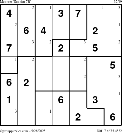 The grouppuzzles.com Medium Sudoku-7B puzzle for Wednesday May 28, 2025 with the first 3 steps marked