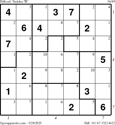 The grouppuzzles.com Difficult Sudoku-7B puzzle for Wednesday May 28, 2025 with all 10 steps marked