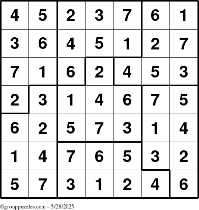The grouppuzzles.com Answer grid for the Sudoku-7B puzzle for Wednesday May 28, 2025