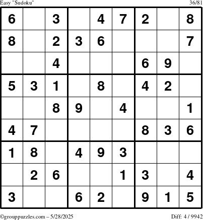 The grouppuzzles.com Easy Sudoku puzzle for Wednesday May 28, 2025
