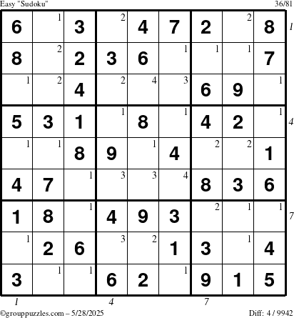 The grouppuzzles.com Easy Sudoku puzzle for Wednesday May 28, 2025 with all 4 steps marked