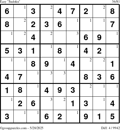 The grouppuzzles.com Easy Sudoku puzzle for Wednesday May 28, 2025 with the first 3 steps marked
