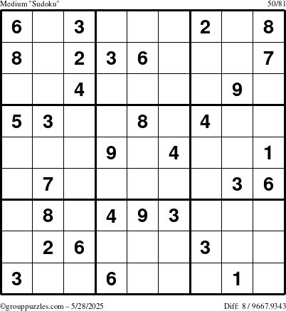 The grouppuzzles.com Medium Sudoku puzzle for Wednesday May 28, 2025