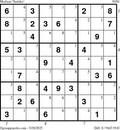 The grouppuzzles.com Medium Sudoku puzzle for Wednesday May 28, 2025 with all 8 steps marked