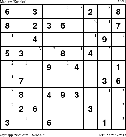 The grouppuzzles.com Medium Sudoku puzzle for Wednesday May 28, 2025 with the first 3 steps marked
