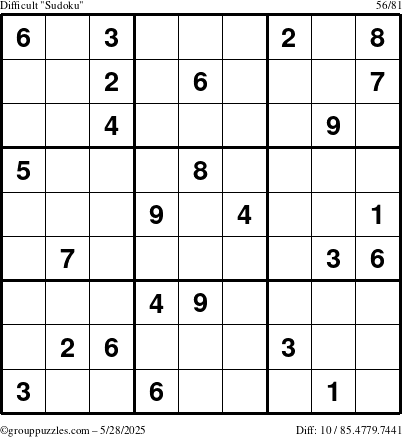 The grouppuzzles.com Difficult Sudoku puzzle for Wednesday May 28, 2025