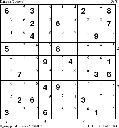 The grouppuzzles.com Difficult Sudoku puzzle for Wednesday May 28, 2025 with all 10 steps marked