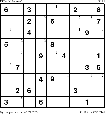 The grouppuzzles.com Difficult Sudoku puzzle for Wednesday May 28, 2025 with the first 3 steps marked