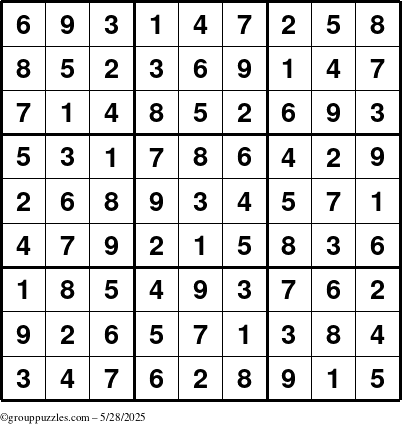 The grouppuzzles.com Answer grid for the Sudoku puzzle for Wednesday May 28, 2025