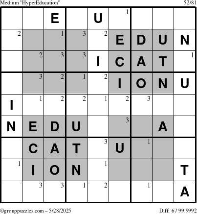 The grouppuzzles.com Medium HyperEducation-i23 puzzle for Wednesday May 28, 2025 with the first 3 steps marked