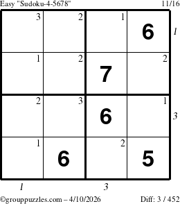The grouppuzzles.com Easy Sudoku-4-5678 puzzle for Friday April 10, 2026 with all 3 steps marked
