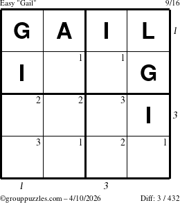 The grouppuzzles.com Easy Gail puzzle for Friday April 10, 2026, suitable for printing, with all 3 steps marked