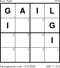 The grouppuzzles.com Easy Gail puzzle for Friday April 10, 2026 with the first 3 steps marked