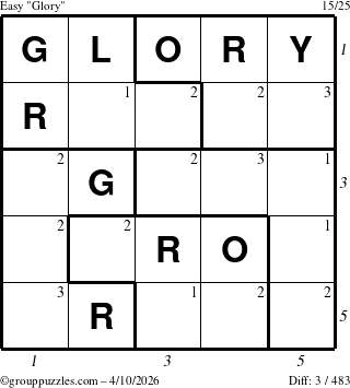 The grouppuzzles.com Easy Glory puzzle for Friday April 10, 2026, suitable for printing, with all 3 steps marked