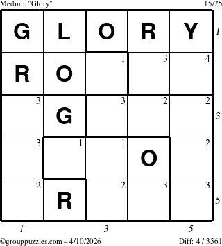 The grouppuzzles.com Medium Glory puzzle for Friday April 10, 2026, suitable for printing, with all 4 steps marked