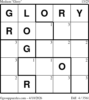The grouppuzzles.com Medium Glory puzzle for Friday April 10, 2026 with the first 3 steps marked