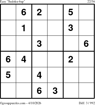 The grouppuzzles.com Easy Sudoku-6up puzzle for Friday April 10, 2026