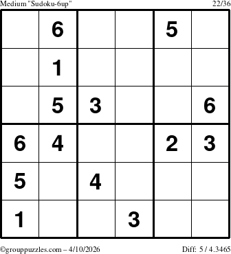 The grouppuzzles.com Medium Sudoku-6up puzzle for Friday April 10, 2026