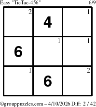 The grouppuzzles.com Easy TicTac-456 puzzle for Friday April 10, 2026 with the first 2 steps marked