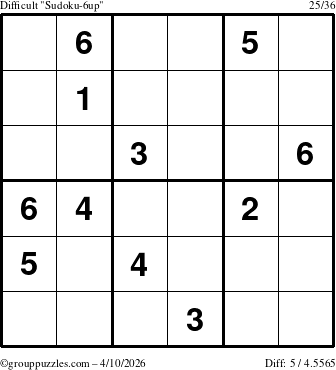 The grouppuzzles.com Difficult Sudoku-6up puzzle for Friday April 10, 2026