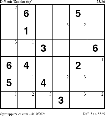 The grouppuzzles.com Difficult Sudoku-6up puzzle for Friday April 10, 2026 with the first 3 steps marked