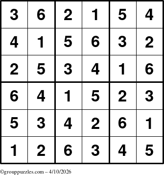 The grouppuzzles.com Answer grid for the Sudoku-6up puzzle for Friday April 10, 2026