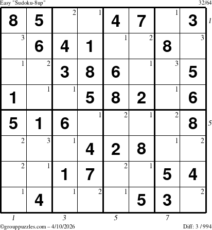 The grouppuzzles.com Easy Sudoku-8up puzzle for Friday April 10, 2026 with all 3 steps marked