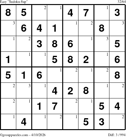 The grouppuzzles.com Easy Sudoku-8up puzzle for Friday April 10, 2026 with the first 3 steps marked