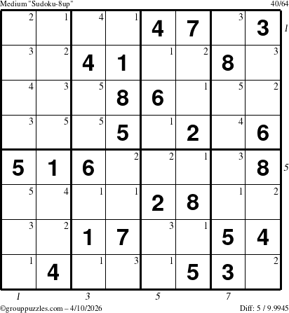 The grouppuzzles.com Medium Sudoku-8up puzzle for Friday April 10, 2026, suitable for printing, with all 5 steps marked
