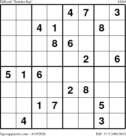 The grouppuzzles.com Difficult Sudoku-8up puzzle for Friday April 10, 2026